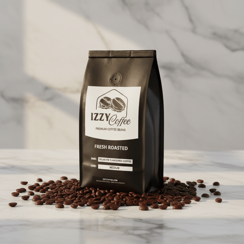Pecan Pie Flavored Coffee Izzy Coffee fresh roasted coffee lifestyle image for brewing and gifting
