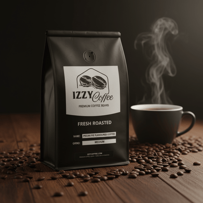 Pecan Pie Flavored Coffee Izzy Coffee fresh roasted coffee lifestyle image for brewing and gifting