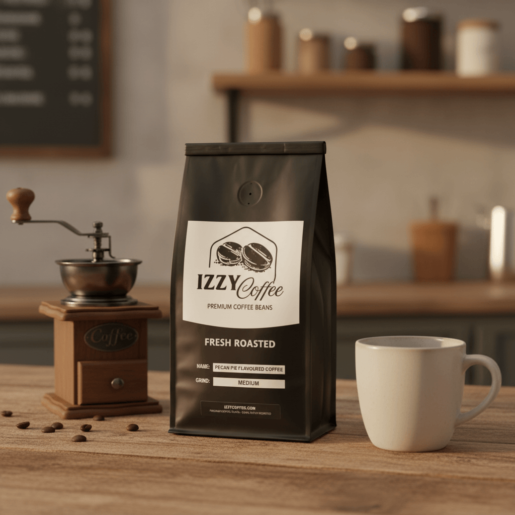 Pecan Pie Flavored Coffee Izzy Coffee fresh roasted coffee lifestyle image for brewing and gifting