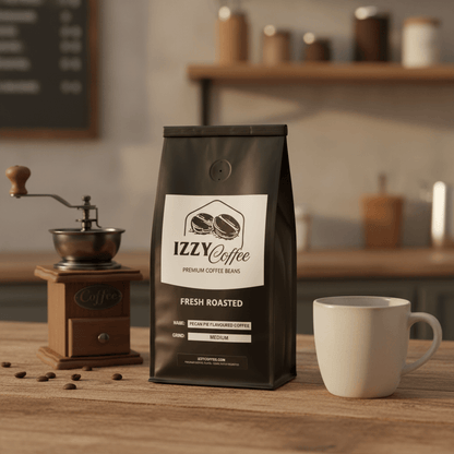 Pecan Pie Flavored Coffee Izzy Coffee fresh roasted coffee lifestyle image for brewing and gifting