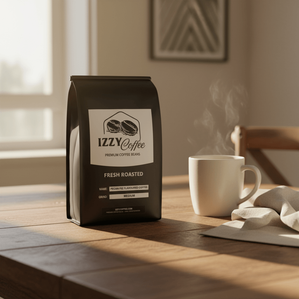 Pecan Pie Flavored Coffee Izzy Coffee fresh roasted coffee lifestyle image for brewing and gifting