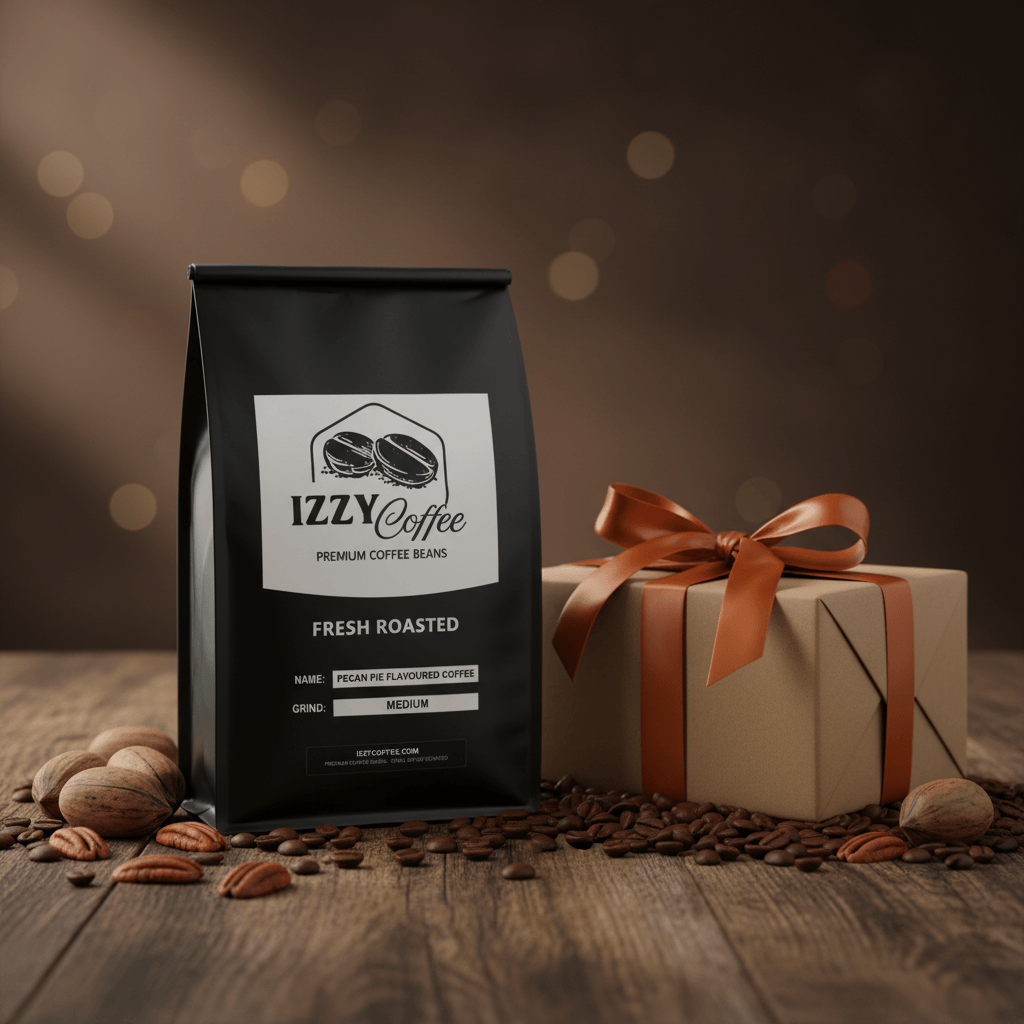 Pecan Pie Flavored Coffee Izzy Coffee fresh roasted coffee lifestyle image for brewing and gifting