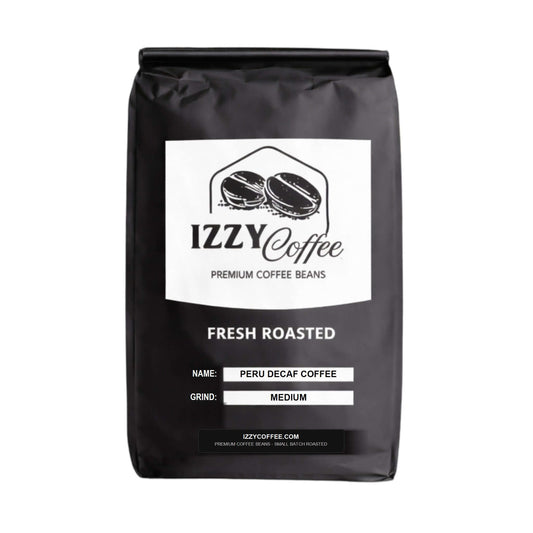 Peru Decaf Coffee Izzy Coffee product packaging with clear label for online shopping