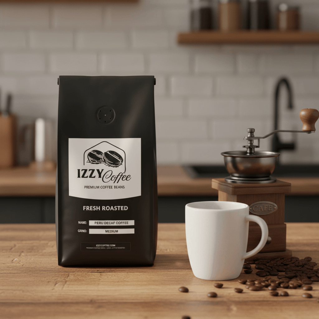 Peru Decaf Coffee Izzy Coffee fresh roasted coffee lifestyle image for brewing and gifting