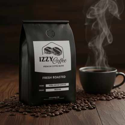 Peru Decaf Coffee Izzy Coffee fresh roasted coffee lifestyle image for brewing and gifting
