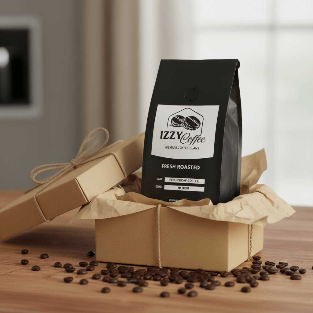 Peru Decaf Coffee Izzy Coffee fresh roasted coffee lifestyle image for brewing and gifting