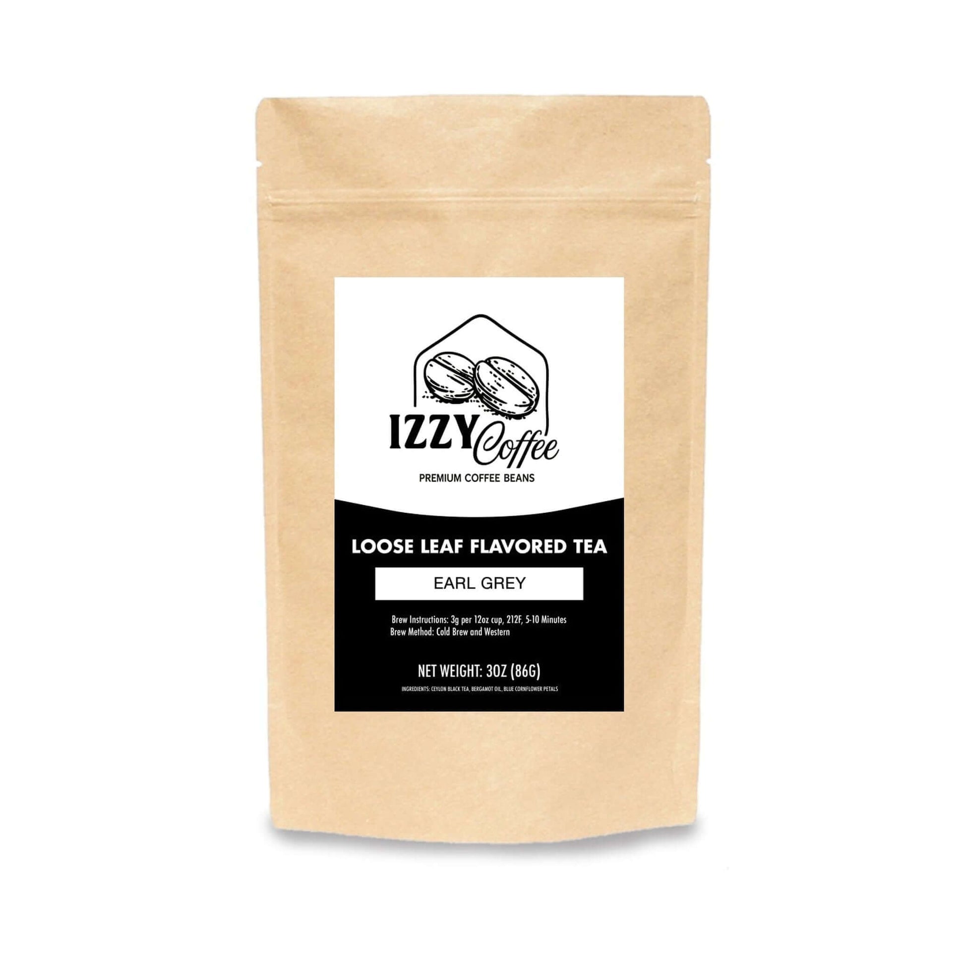 Premium Earl Grey Tea Izzy Coffee product packaging with clear label for online shopping