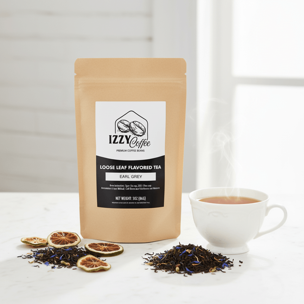 Premium Earl Grey Tea Izzy Coffee premium loose leaf tea lifestyle image for brewing and gifting