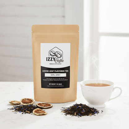 Premium Earl Grey Tea Izzy Coffee premium loose leaf tea lifestyle image for brewing and gifting