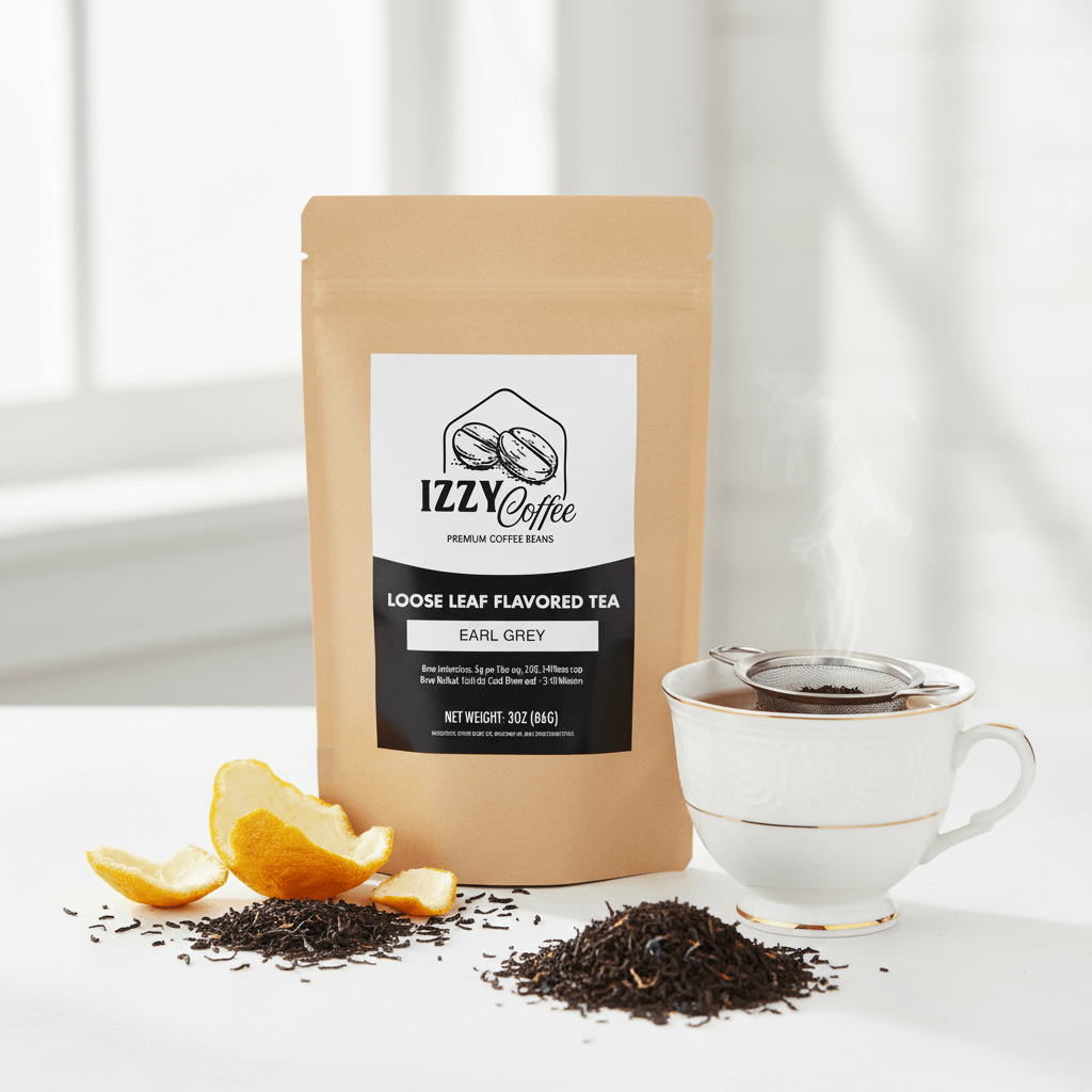 Premium Earl Grey Tea Izzy Coffee premium loose leaf tea lifestyle image for brewing and gifting
