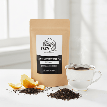 Premium Earl Grey Tea Izzy Coffee premium loose leaf tea lifestyle image for brewing and gifting