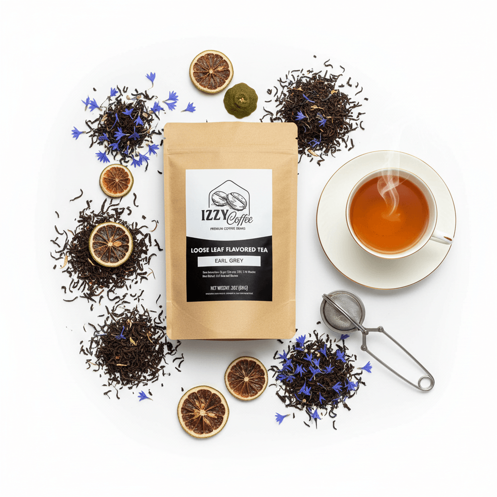 Premium Earl Grey Tea Izzy Coffee premium loose leaf tea lifestyle image for brewing and gifting
