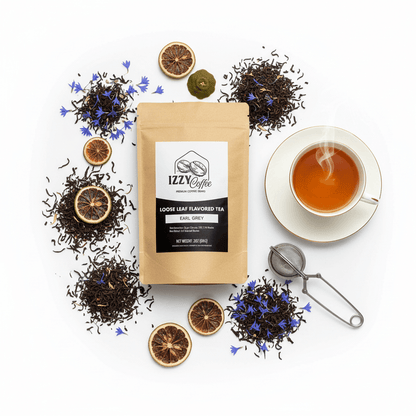 Premium Earl Grey Tea Izzy Coffee premium loose leaf tea lifestyle image for brewing and gifting