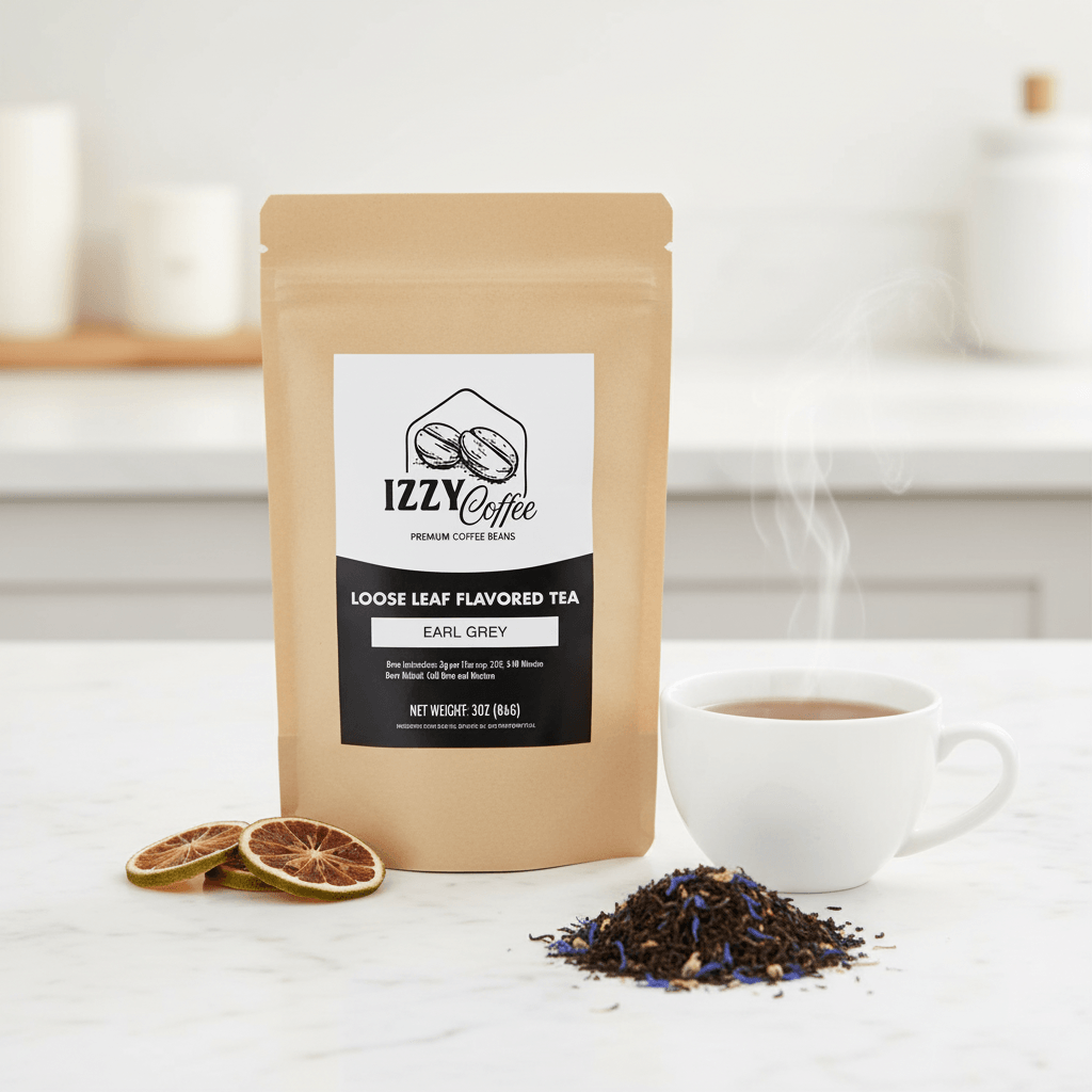 Premium Earl Grey Tea Izzy Coffee premium loose leaf tea lifestyle image for brewing and gifting