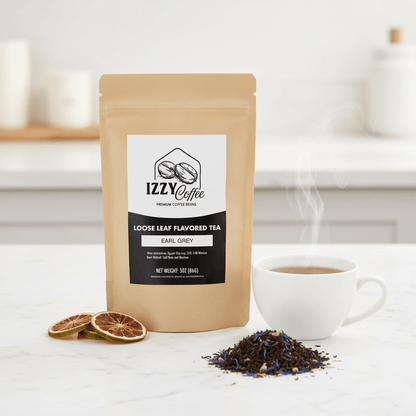 Premium Earl Grey Tea Izzy Coffee premium loose leaf tea lifestyle image for brewing and gifting