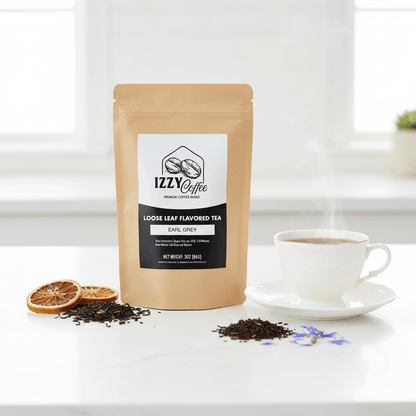 Premium Earl Grey Tea Izzy Coffee premium loose leaf tea lifestyle image for brewing and gifting