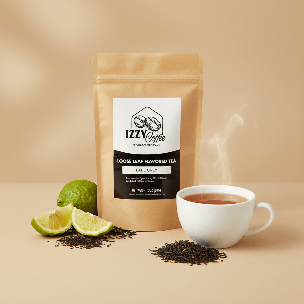 Premium Earl Grey Tea Izzy Coffee premium loose leaf tea lifestyle image for brewing and gifting