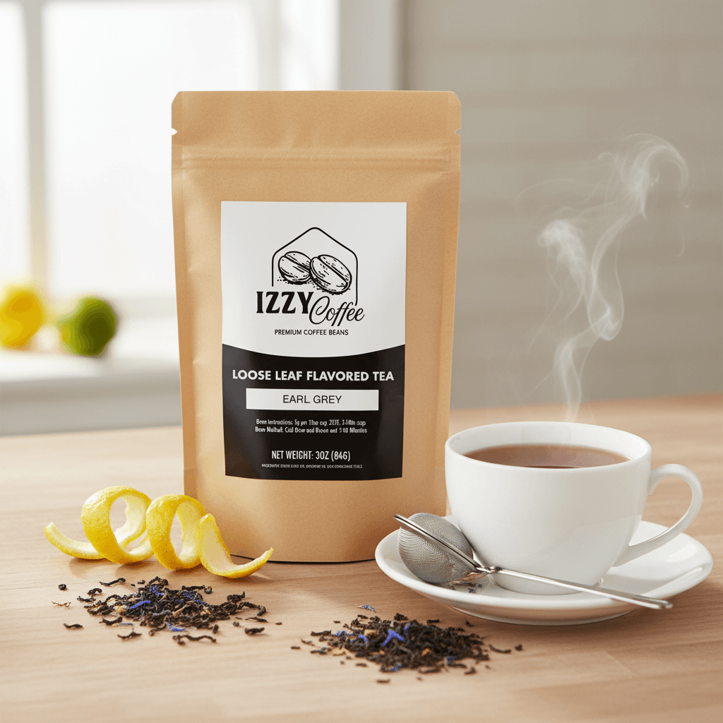 Premium Earl Grey Tea Izzy Coffee premium loose leaf tea lifestyle image for brewing and gifting