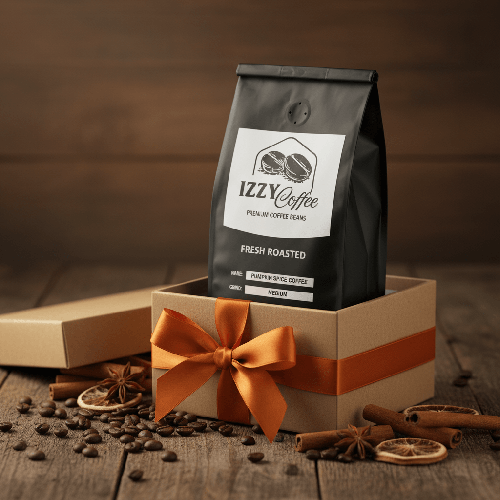 Pumpkin Spice Coffee Izzy Coffee fresh roasted coffee lifestyle image for brewing and gifting