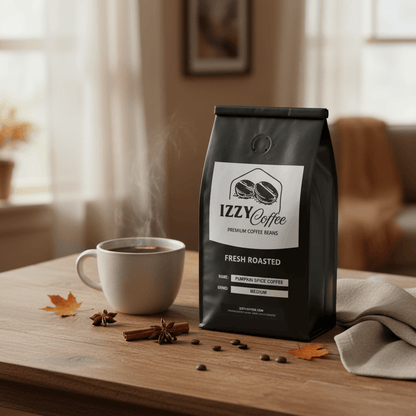 Pumpkin Spice Coffee Izzy Coffee fresh roasted coffee lifestyle image for brewing and gifting