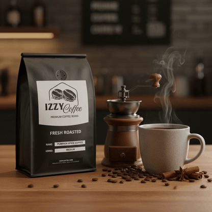Pumpkin Spice Coffee Izzy Coffee fresh roasted coffee lifestyle image for brewing and gifting