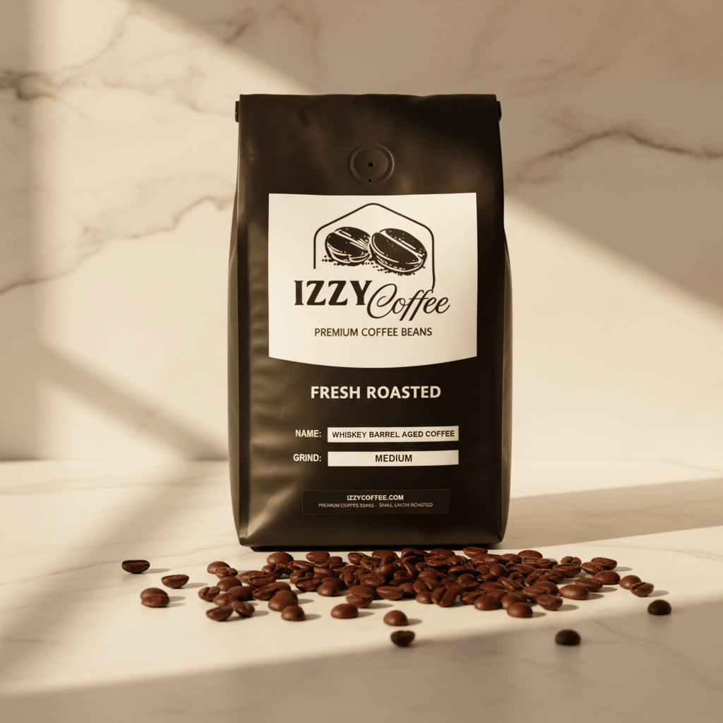 Whiskey Barrel Aged Coffee Izzy Coffee fresh roasted coffee lifestyle image for brewing and gifting