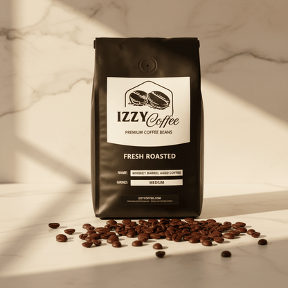 Whiskey Barrel Aged Coffee Izzy Coffee fresh roasted coffee lifestyle image for brewing and gifting