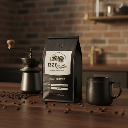 Whiskey Barrel Aged Coffee Izzy Coffee fresh roasted coffee lifestyle image for brewing and gifting