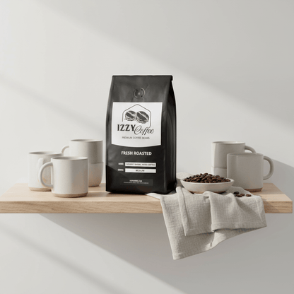 Whiskey Barrel Aged Coffee Izzy Coffee fresh roasted coffee lifestyle image for brewing and gifting
