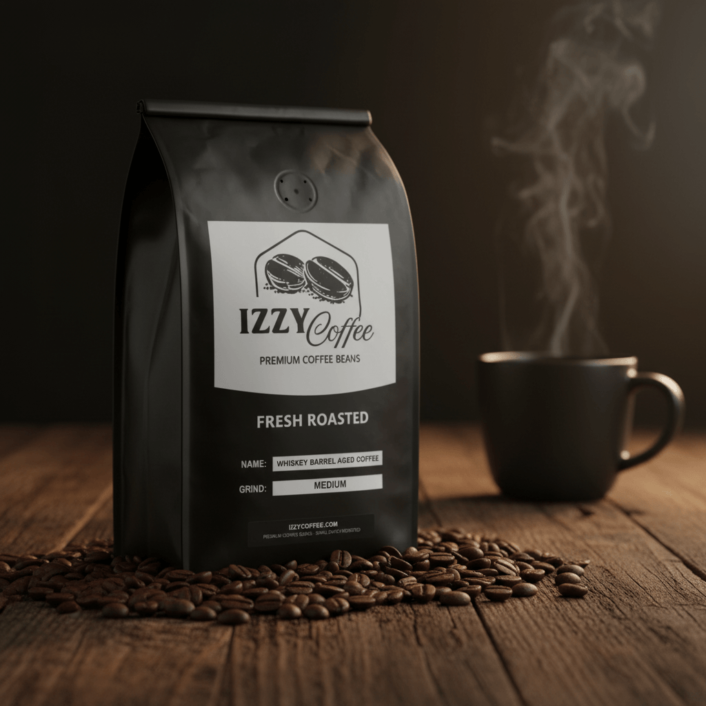 Whiskey Barrel Aged Coffee Izzy Coffee fresh roasted coffee lifestyle image for brewing and gifting
