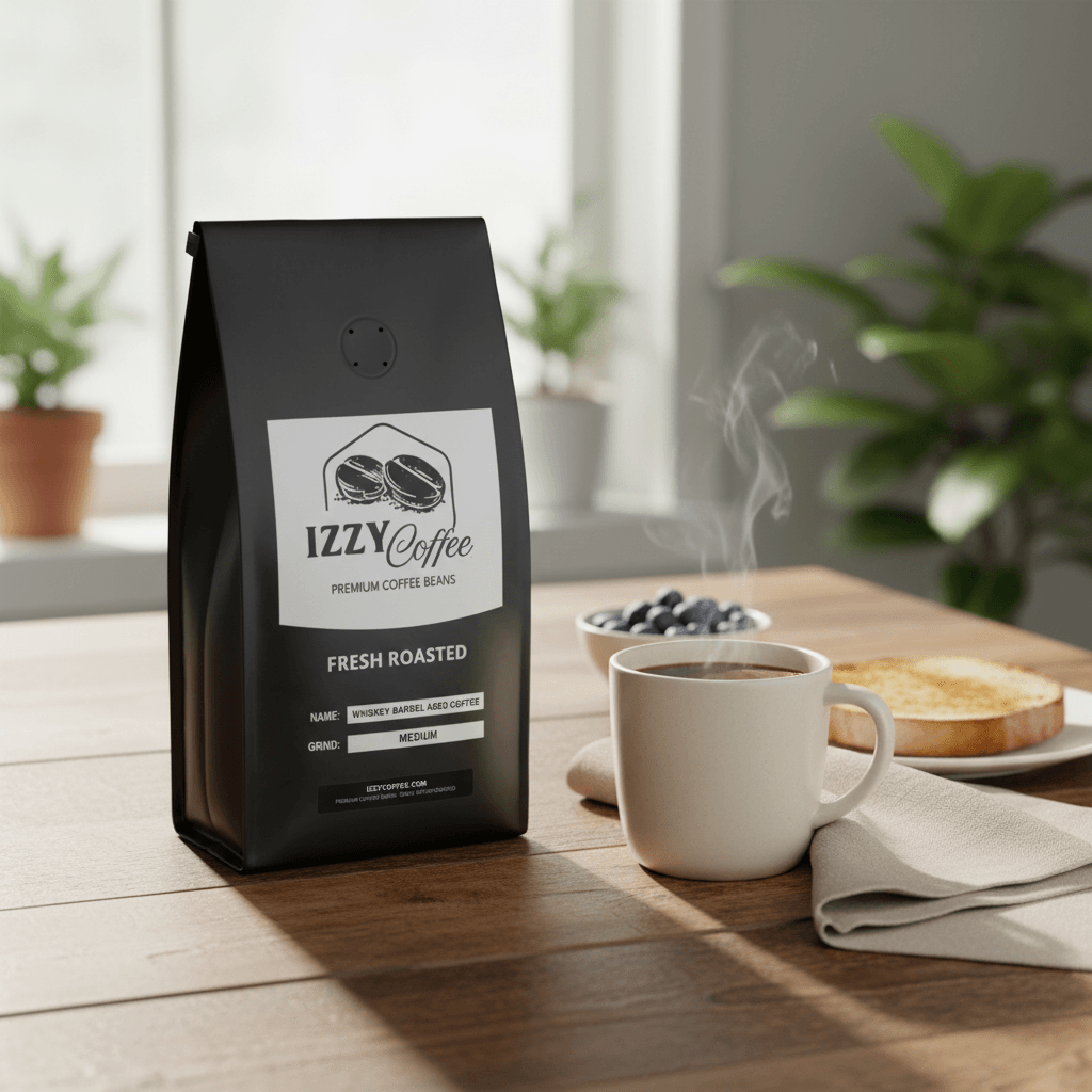 Whiskey Barrel Aged Coffee Izzy Coffee fresh roasted coffee lifestyle image for brewing and gifting