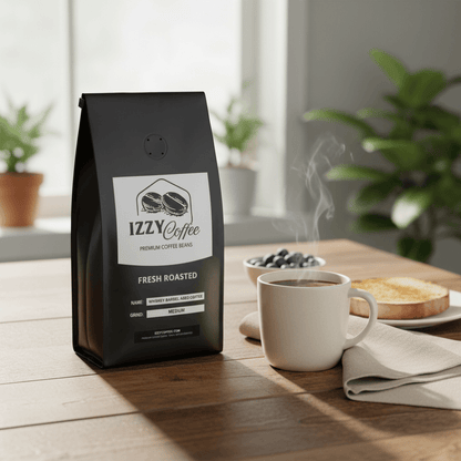 Whiskey Barrel Aged Coffee Izzy Coffee fresh roasted coffee lifestyle image for brewing and gifting