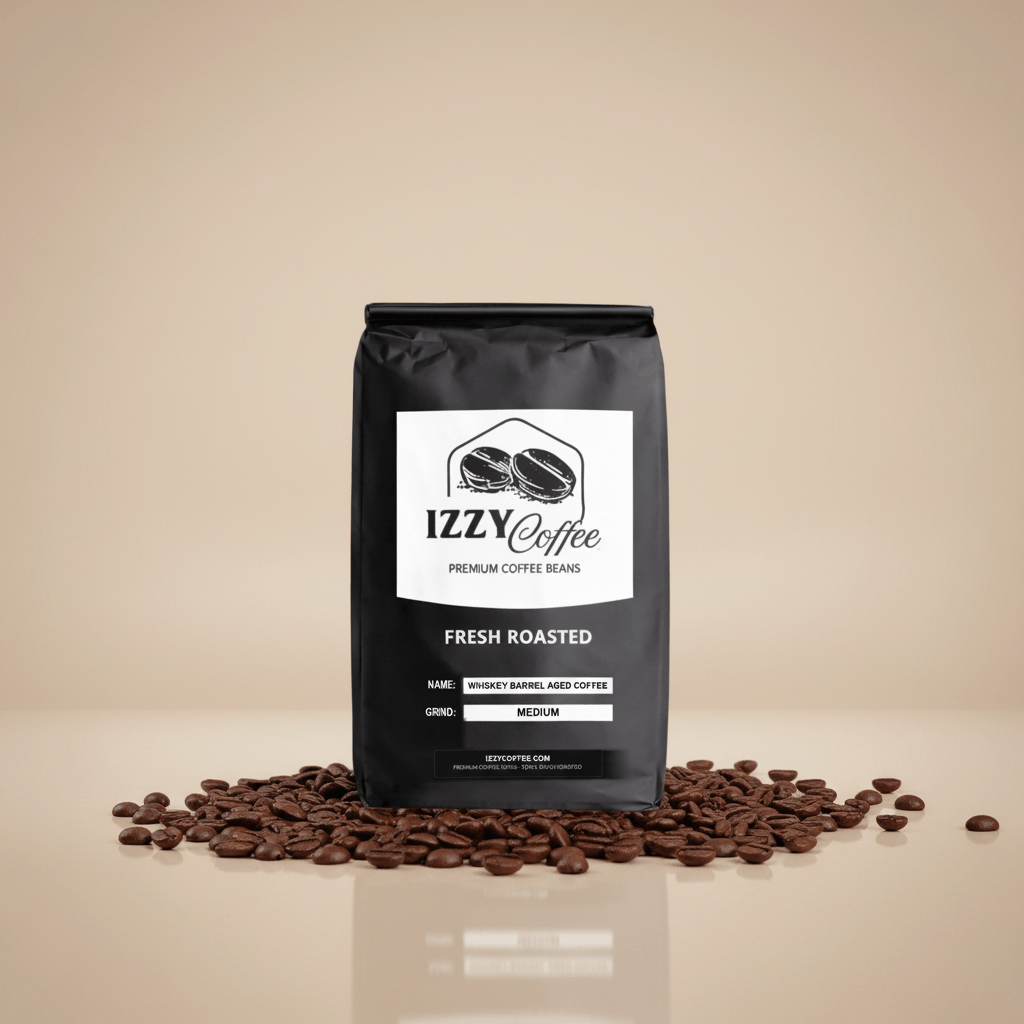 Whiskey Barrel Aged Coffee Izzy Coffee fresh roasted coffee lifestyle image for brewing and gifting