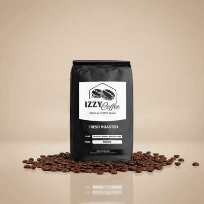 Whiskey Barrel Aged Coffee Izzy Coffee fresh roasted coffee lifestyle image for brewing and gifting
