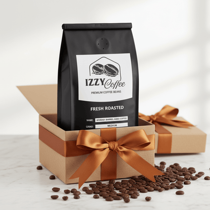 Whiskey Barrel Aged Coffee Izzy Coffee fresh roasted coffee lifestyle image for brewing and gifting